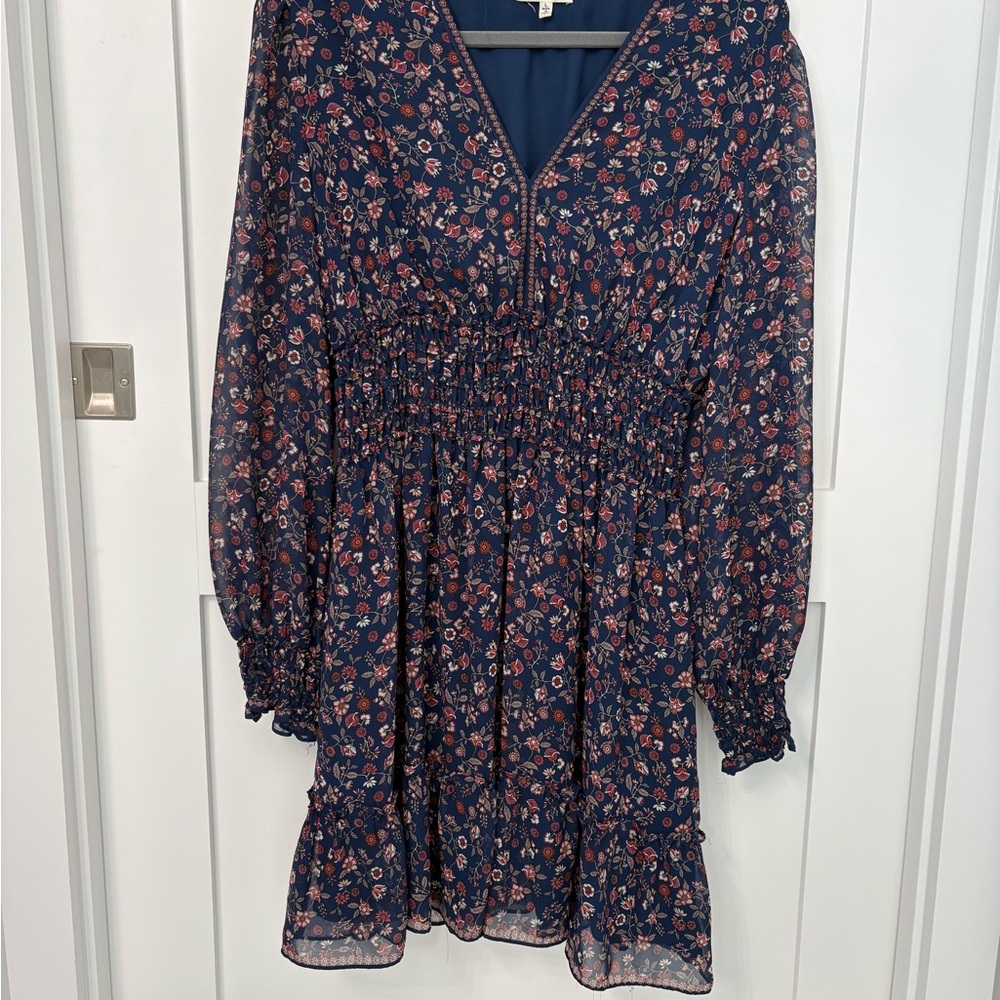 MAX STUDIO Floral Navy Dress with Burgundy Accents. PERFECT FOR THE HOLIDAYS!